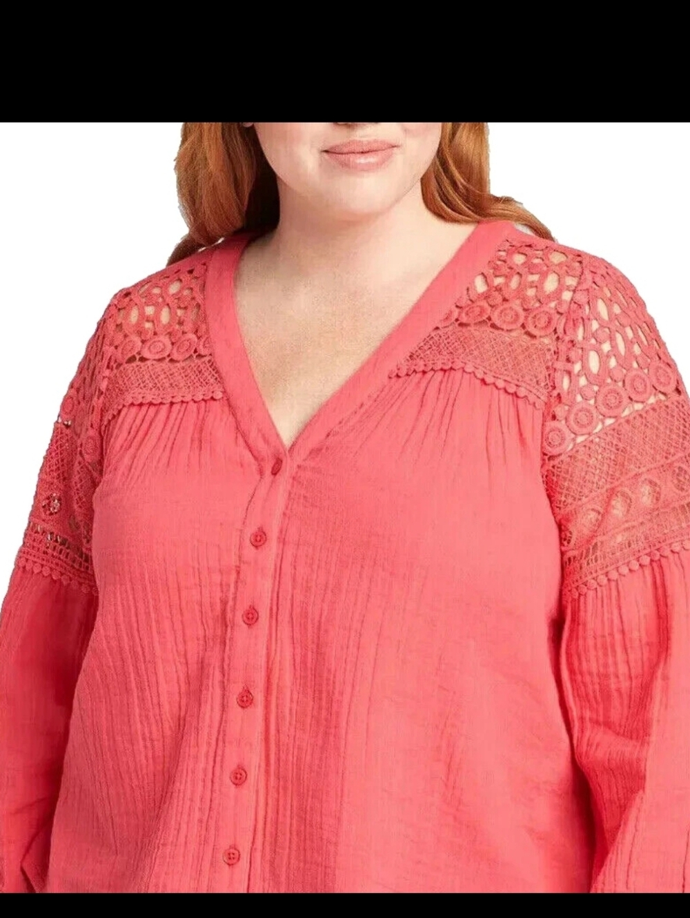 Lane Bryant HOT Pink Crochet Yoke Button-Front Blouse